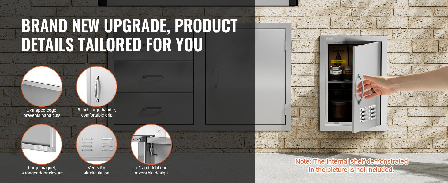 VEVOR bbq access door: u-shaped edge, 6-inch handle, vents for air, and reversible design on a brick wall.