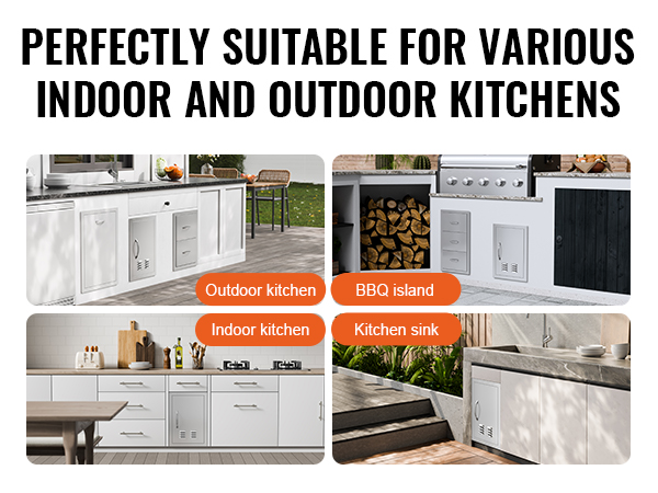VEVOR bbq access door in various kitchen settings: outdoor kitchen, bbq island, indoor kitchen, kitchen sink.