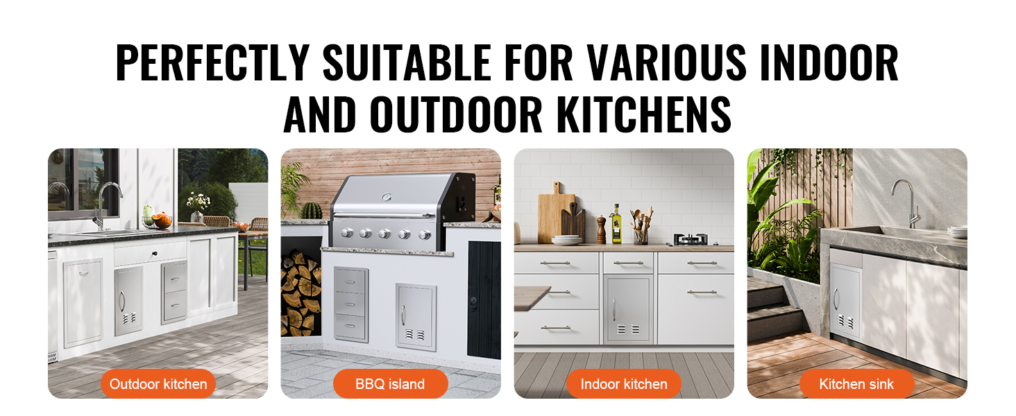 VEVOR bbq access door in various kitchen settings: outdoor kitchen, bbq island, indoor kitchen, kitchen sink.