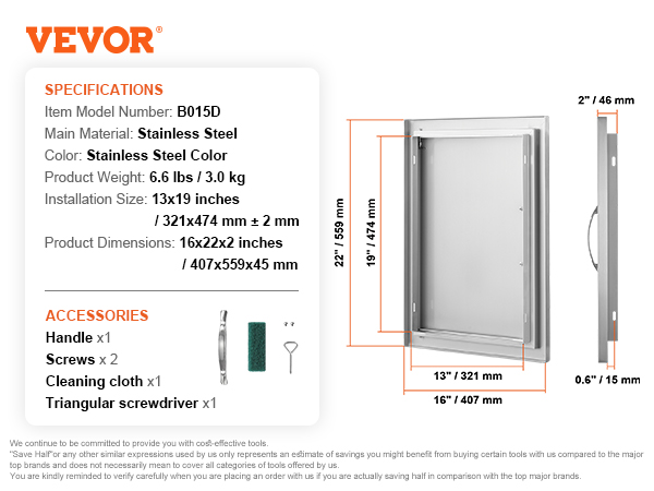VEVOR bbq access door b015d, stainless steel, 13x19 in, 6.6 lbs, includes handle, screws, cleaning cloth.