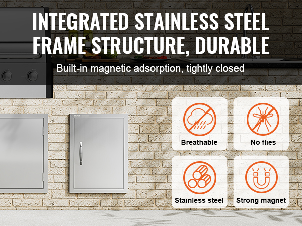 VEVOR bbq access door and grill with stainless steel storage, breathable, fly-resistant, magnetic closures.