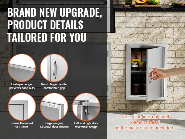 VEVOR bbq access door showcased against a brick wall with product features highlighted.