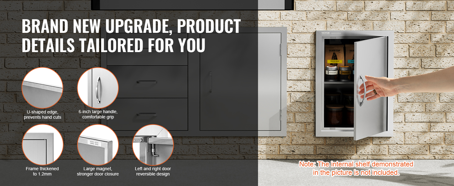 VEVOR bbq access door showcased against a brick wall with product features highlighted.