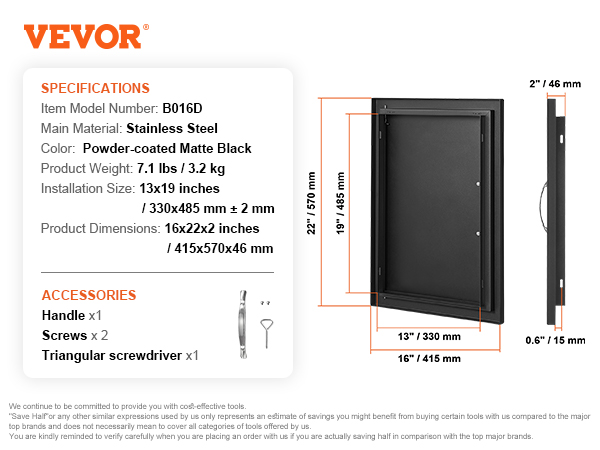 VEVOR bbq access door, powder-coated matte black, stainless steel, 13x19 inch installation size