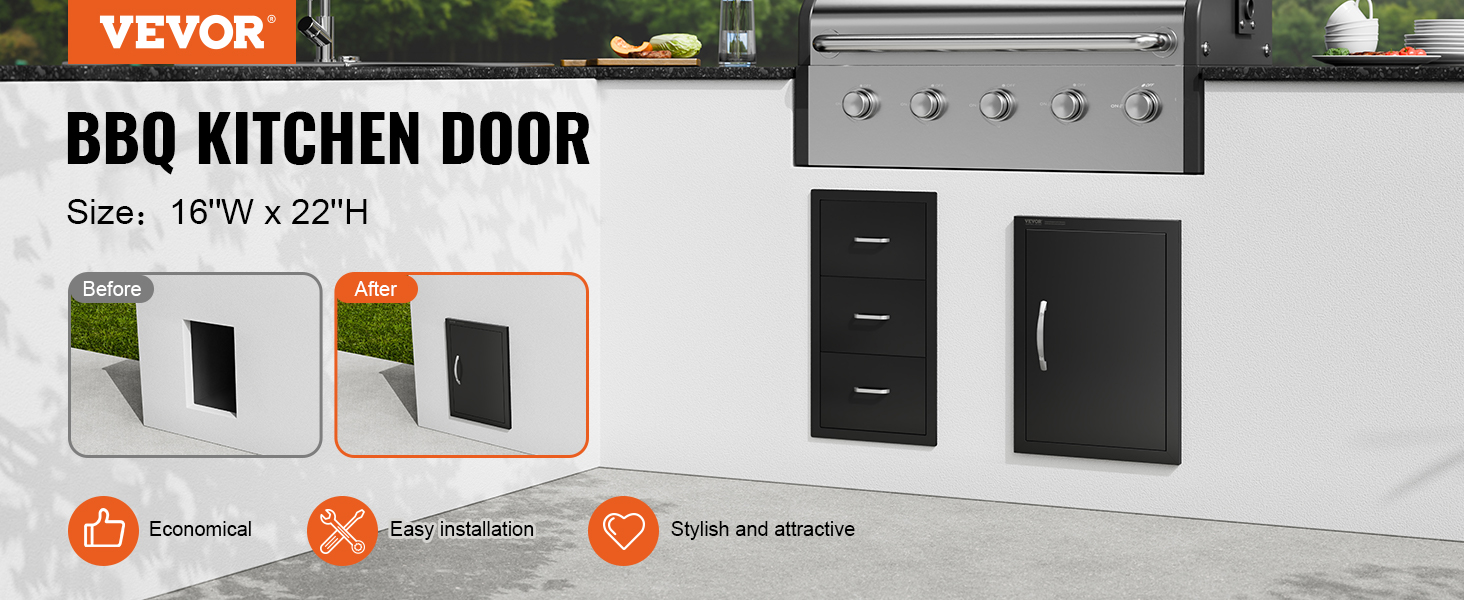 VEVOR bbq access door, 16"w x 22"h, easy installation, economical, stylish, black finish.