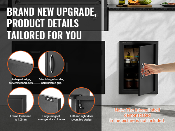 hand opening a black VEVOR bbq access door with large handle, u-shaped edge, and thickened frame.