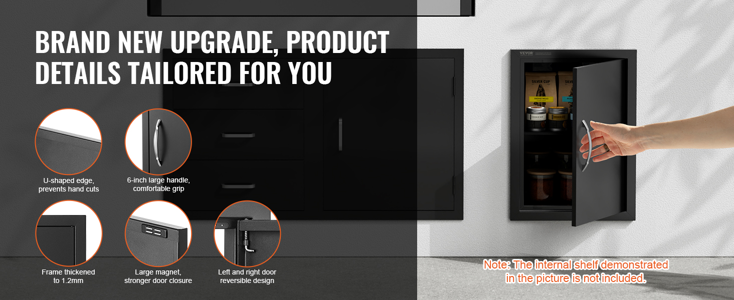 hand opening a black VEVOR bbq access door with large handle, u-shaped edge, and thickened frame.