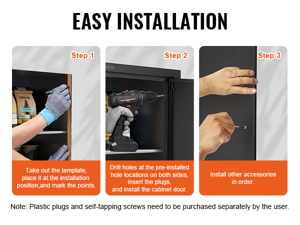 easy installation of VEVOR bbq access door: mark points, drill holes, insert plugs, and attach accessories.