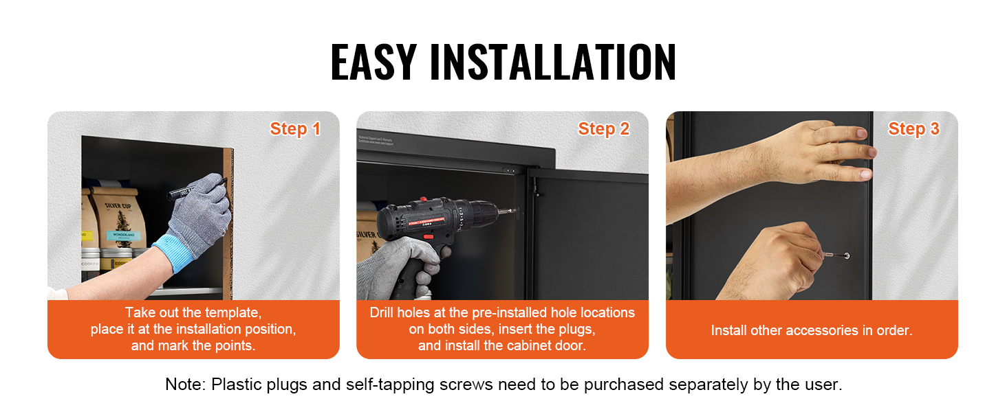 easy installation of VEVOR bbq access door: mark points, drill holes, insert plugs, and attach accessories.
