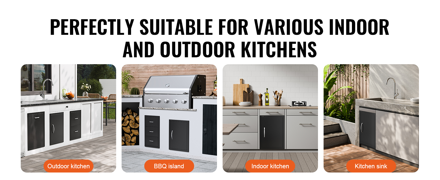 VEVOR bbq access door fits perfectly in outdoor kitchens, bbq islands, indoor kitchens, and kitchen sinks.
