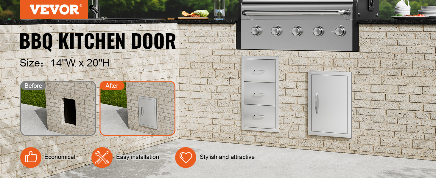 VEVOR bbq access door for outdoor kitchens, size 14"w x 20"h, easy installation and stylish design.