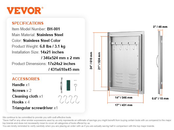 VEVOR bbq access door dimensions, specifications, and accessories: hooks, handle, screws, cloth, screwdriver.