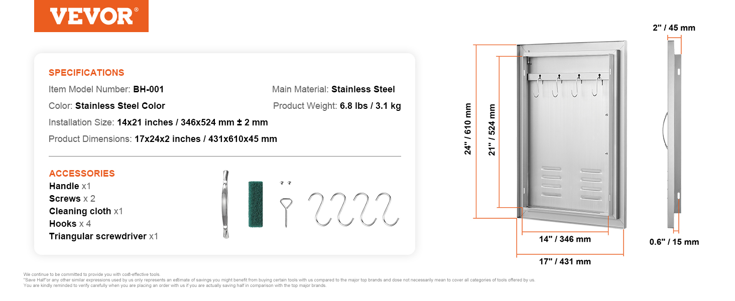 VEVOR bbq access door dimensions, specifications, and accessories: hooks, handle, screws, cloth, screwdriver.
