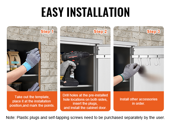 easy installation steps for VEVOR bbq access door with template, drilling, and accessory installation.