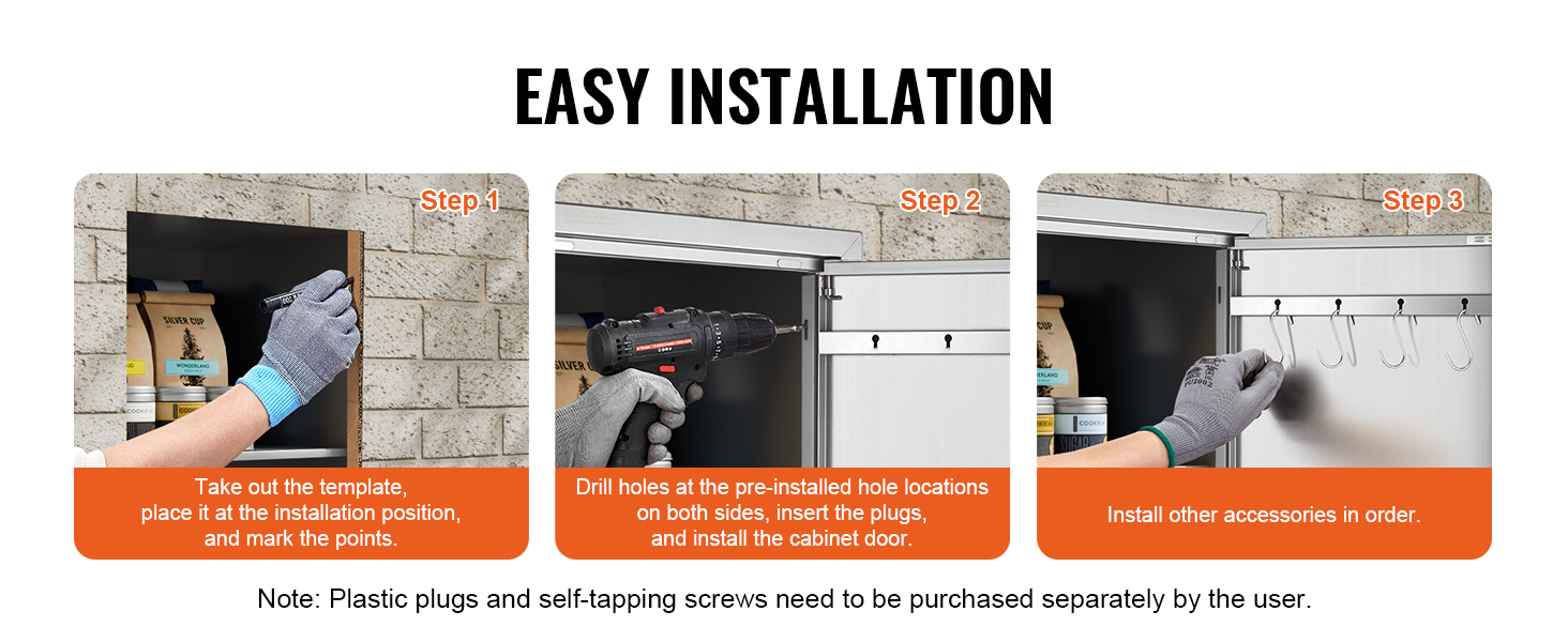 easy installation steps for VEVOR bbq access door with template, drilling, and accessory installation.