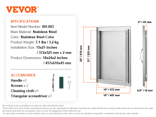 VEVOR bbq access door bh-003, stainless steel, 18x24 inches, includes handle, screws, cloth, screwdriver.