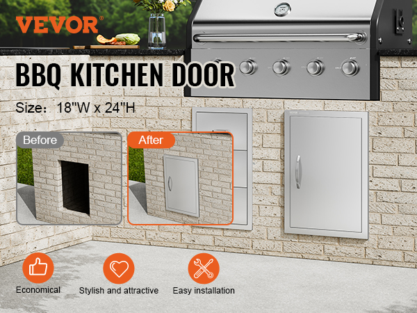VEVOR bbq access door, 18"w x 24"h, installed in brick outdoor kitchen, stylish and easy to install.
