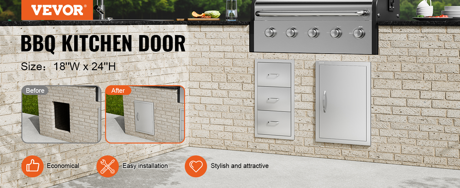 VEVOR bbq access door, 18"w x 24"h, installed in brick outdoor kitchen, stylish and easy to install.