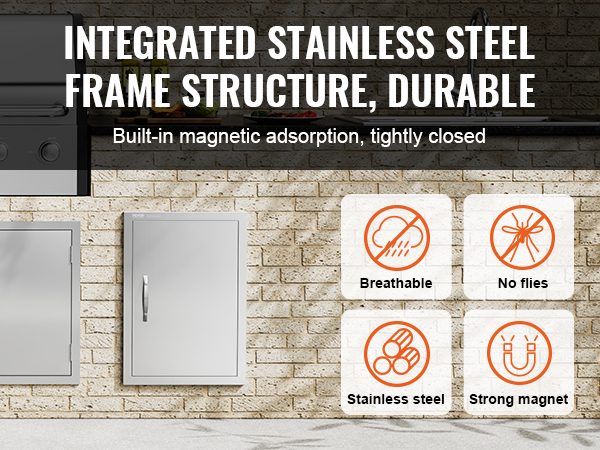 VEVOR bbq access door with stainless steel frame, magnetic closure, breathable, no flies, strong magnet.