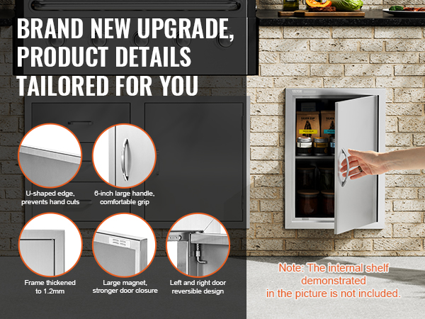 VEVOR bbq access door with u-shaped edge, 6-inch handle, thickened frame, large magnet, reversible design.