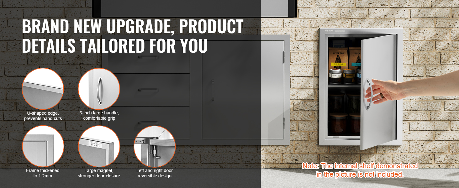 VEVOR bbq access door with u-shaped edge, 6-inch handle, thickened frame, large magnet, reversible design.