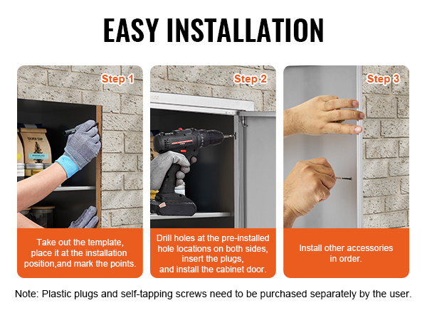 installation steps of VEVOR bbq access door on a brick wall, with screwdriver and gloves.