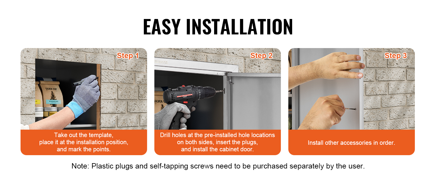 installation steps of VEVOR bbq access door on a brick wall, with screwdriver and gloves.