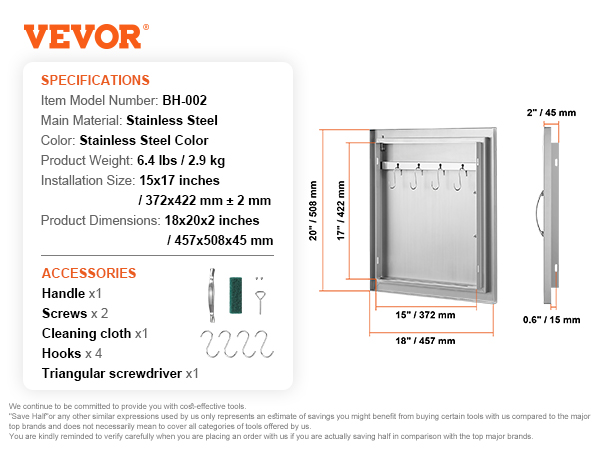 VEVOR bbq access door, stainless steel, 15x17 inches, includes handle, screws, hooks, and cleaning cloth.