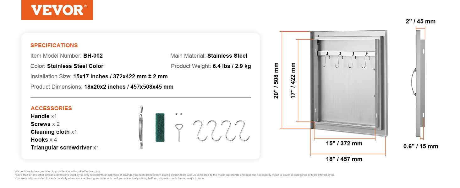 VEVOR bbq access door, stainless steel, 15x17 inches, includes handle, screws, hooks, and cleaning cloth.