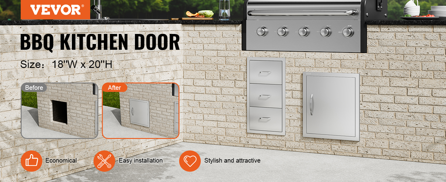 VEVOR bbq access door with easy installation and stylish design, shown in a brick outdoor kitchen.