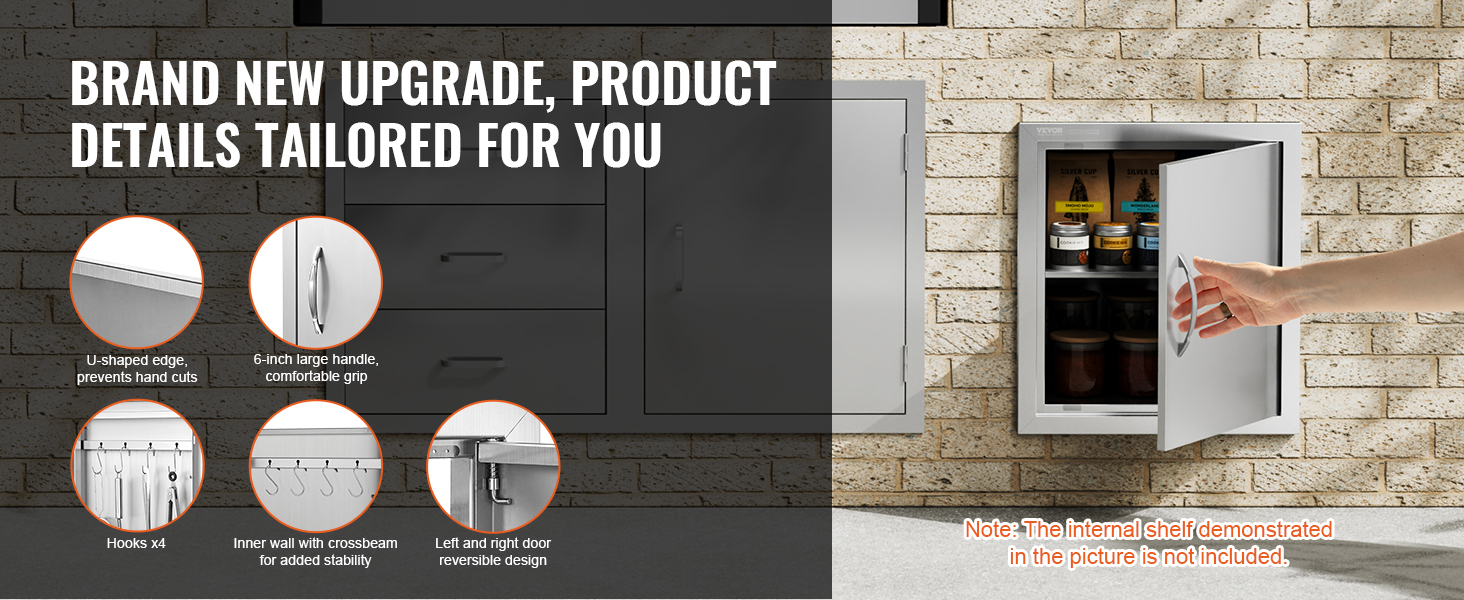 VEVOR bbq access door with u-shaped edge, large handle, hooks, and reversible design on brick wall.