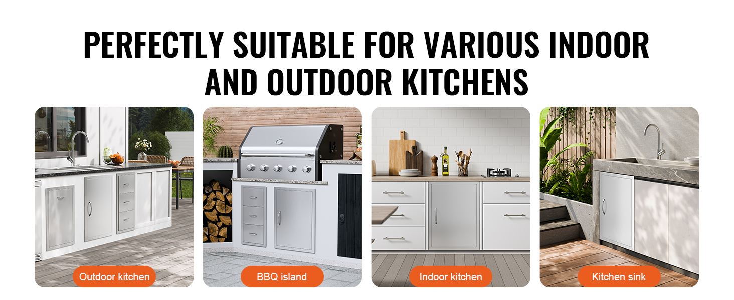 VEVOR BBQ piekļuves durvis iekštelpu virtuvēm, āra virtuvēm, BBQ salām un virtuves izlietnēm.