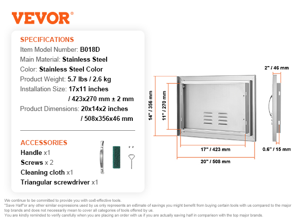 VEVOR bbq access door, stainless steel, model b018d, 20x14x2 inches, includes handle, screws, and tools.