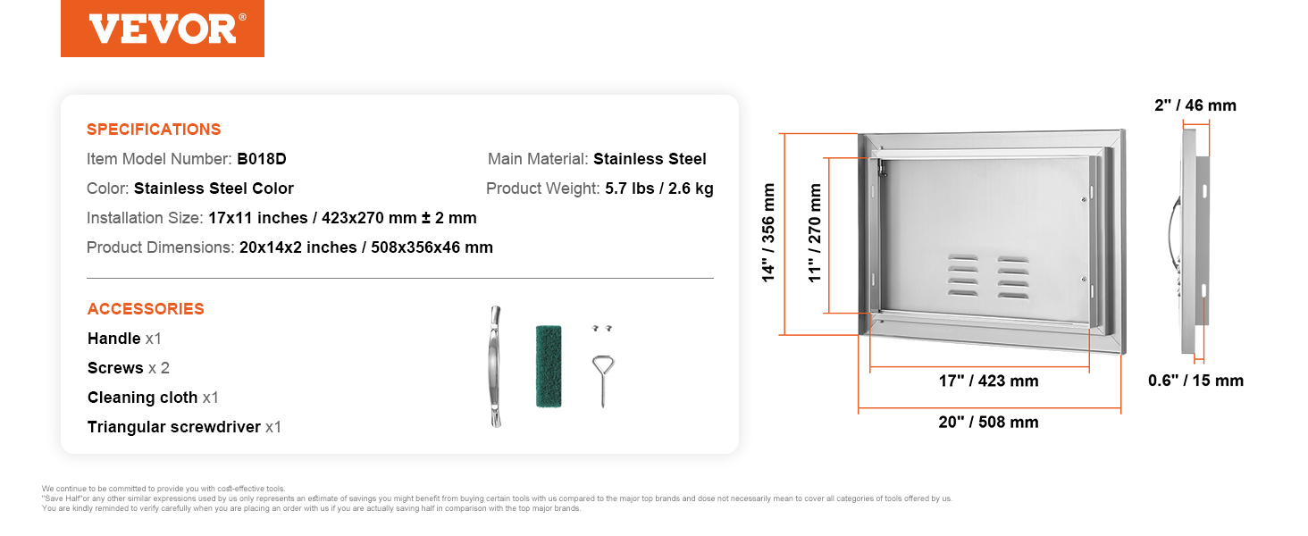 VEVOR bbq access door, stainless steel, model b018d, 20x14x2 inches, includes handle, screws, and tools.