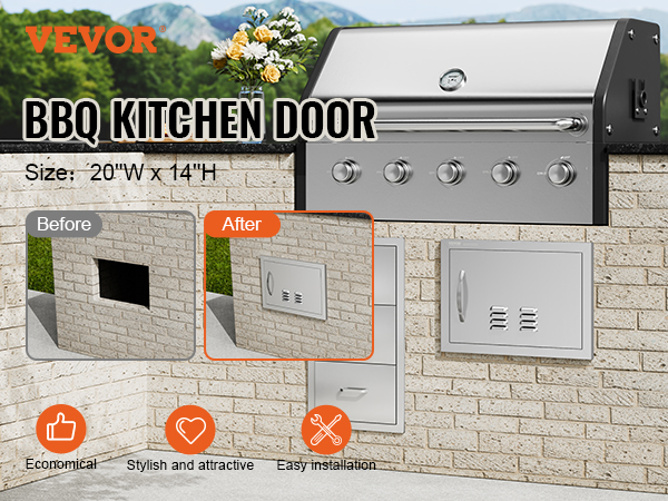 VEVOR bbq access door, stainless steel, brick wall installation, before and after comparison, easy installation.