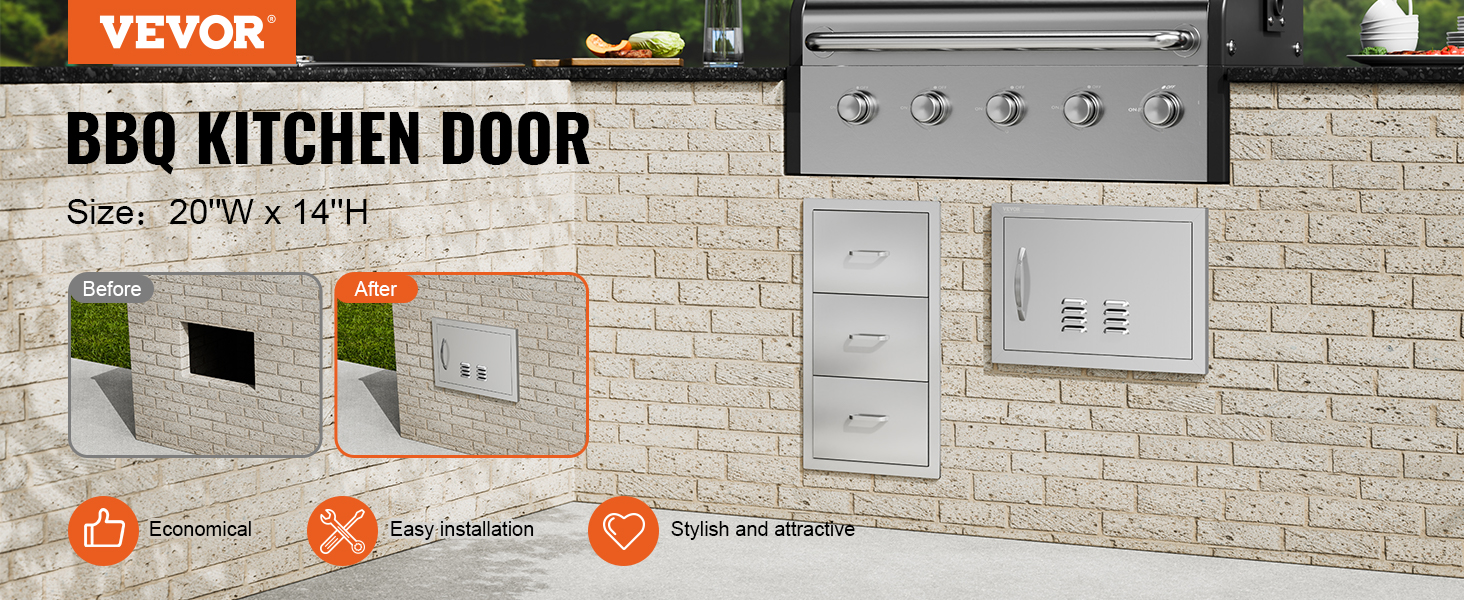 VEVOR bbq access door, stainless steel, brick wall installation, before and after comparison, easy installation.
