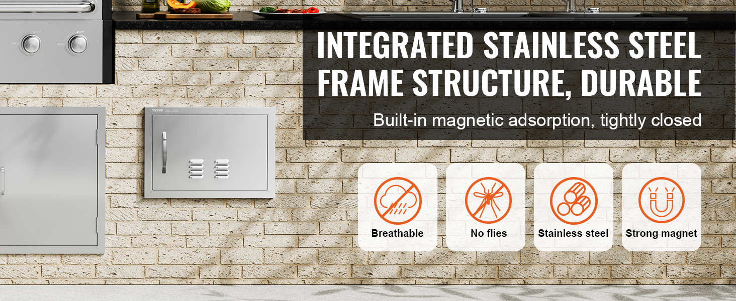 VEVOR bbq access door with integrated stainless steel frame, magnetic closure, and ventilation features.
