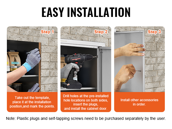 easy installation steps for VEVOR bbq access door: mark points, drill holes, insert plugs, install accessories.