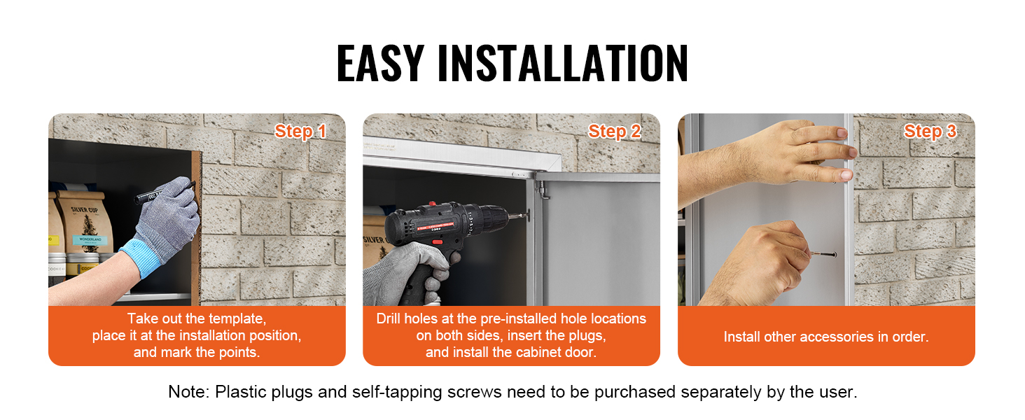 easy installation steps for VEVOR bbq access door: mark points, drill holes, insert plugs, install accessories.