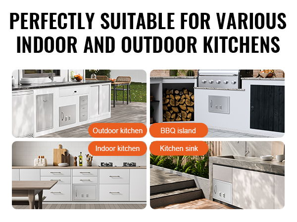 VEVOR bbq access door showcased in outdoor kitchen, bbq island, indoor kitchen, and kitchen sink setups.