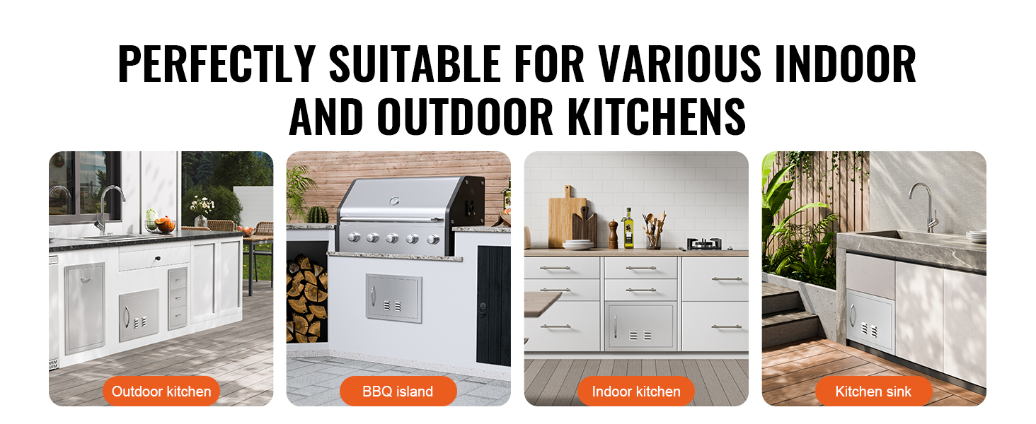 VEVOR bbq access door showcased in outdoor kitchen, bbq island, indoor kitchen, and kitchen sink setups.