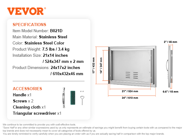 VEVOR bbq access door in stainless steel with specifications and included accessories.