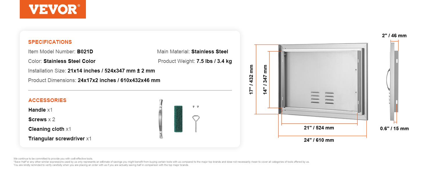 VEVOR bbq access door in stainless steel with specifications and included accessories.