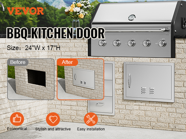 VEVOR bbq access door installed in outdoor brick kitchen, featuring easy installation and stylish design.