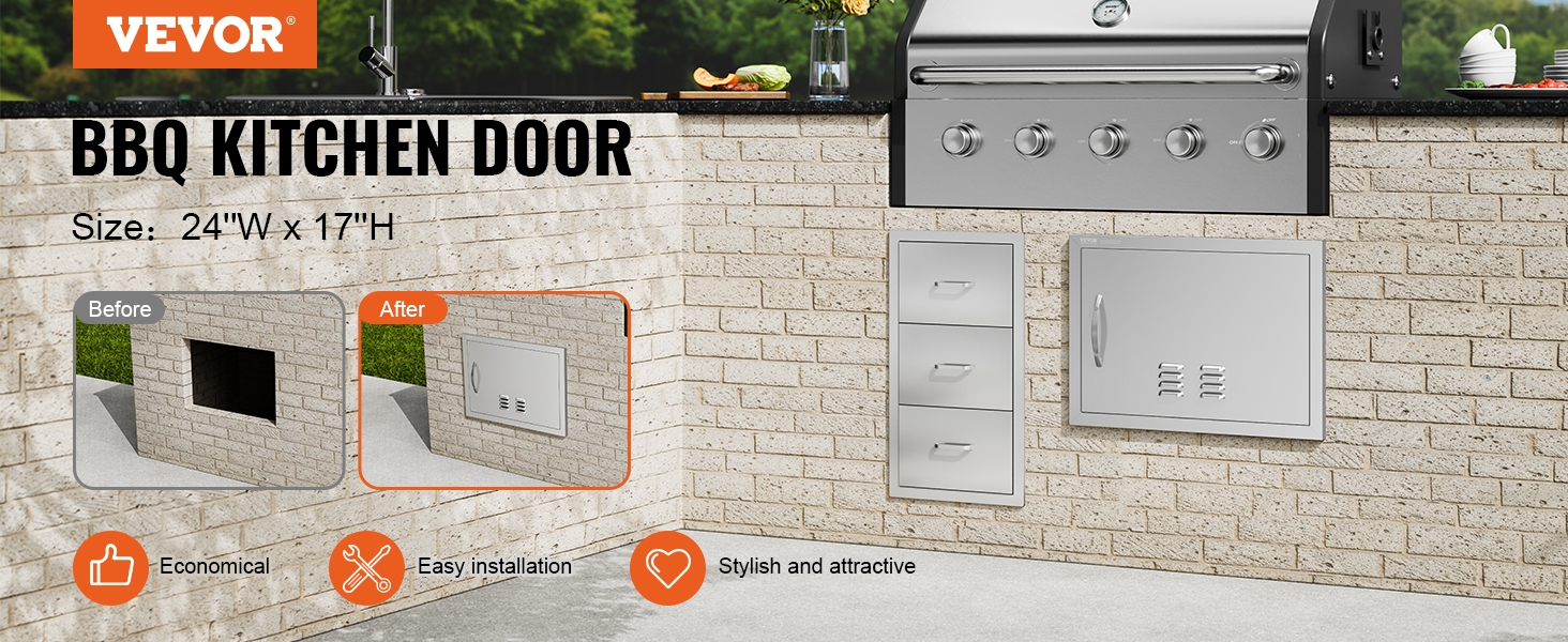 VEVOR bbq access door installed in outdoor brick kitchen, featuring easy installation and stylish design.