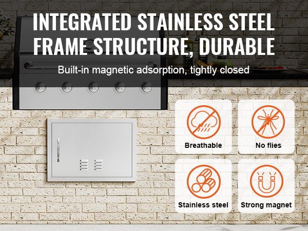 VEVOR bbq access door with stainless steel frame, breathable, no flies, strong magnet.
