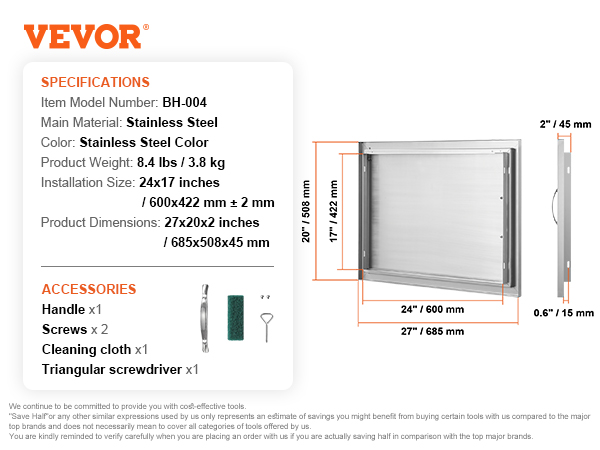VEVOR bbq access door, stainless steel, 24"x17" installation size, includes handle, screws, cloth, and screwdriver.