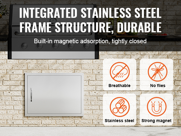 integrated stainless steel bbq setup with a VEVOR bbq access door, magnetic closure, and features icons.
