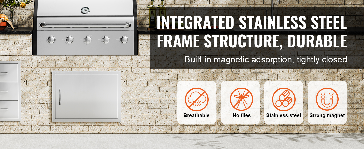 integrated stainless steel bbq setup with a VEVOR bbq access door, magnetic closure, and features icons.