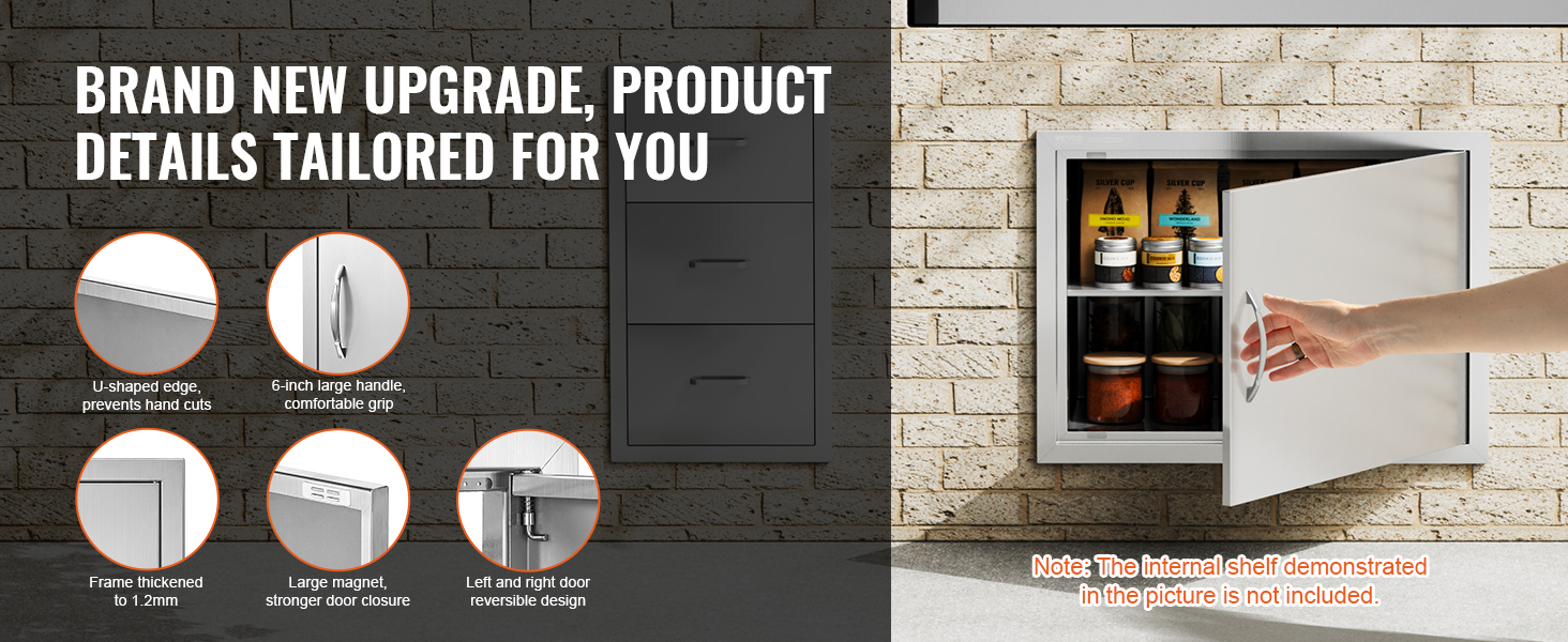 VEVOR bbq access door installed in brick wall with handle, storage space, and various product features.